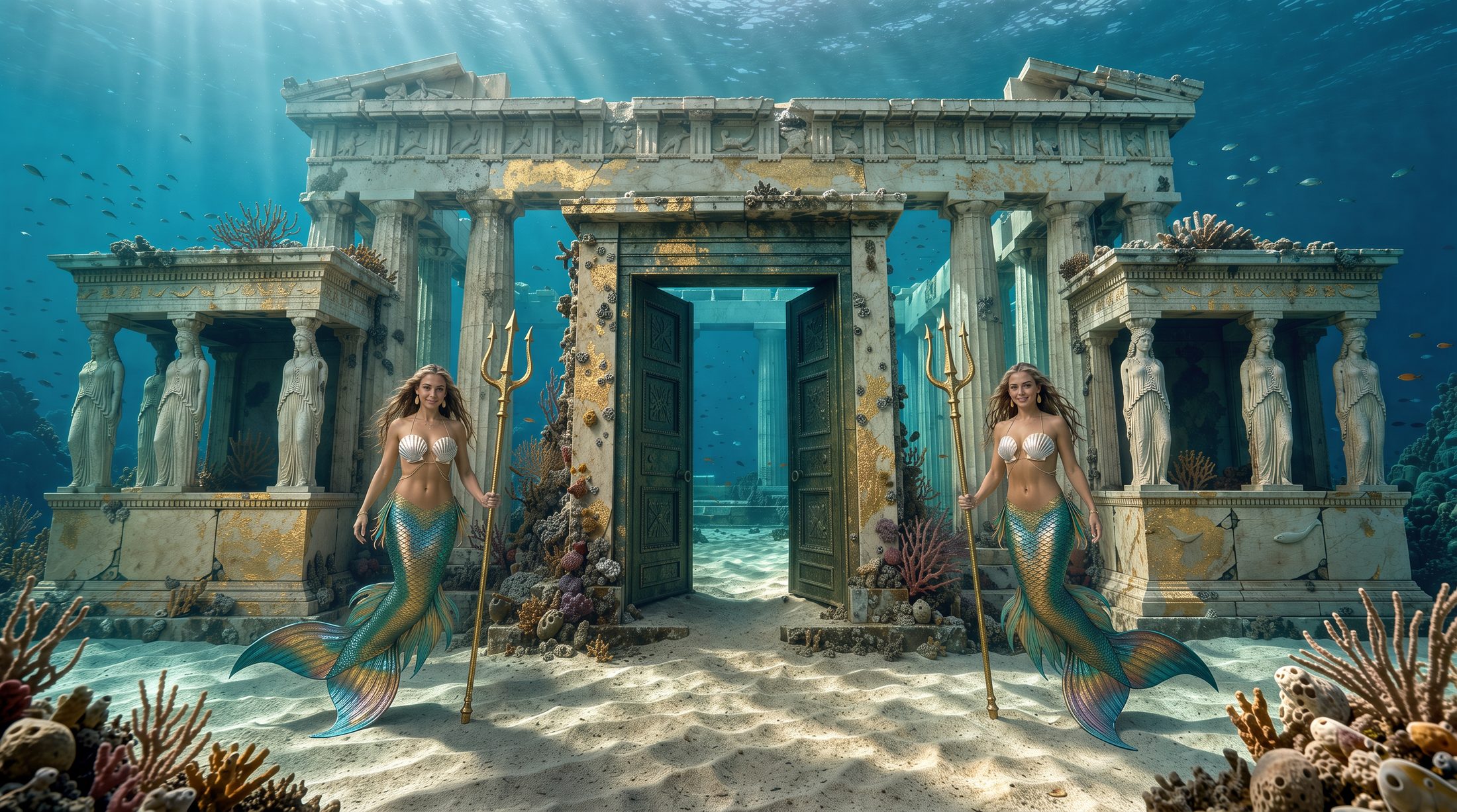 A golden underwater temple entrance, its doors open, guarded by two mermaids holding tridents